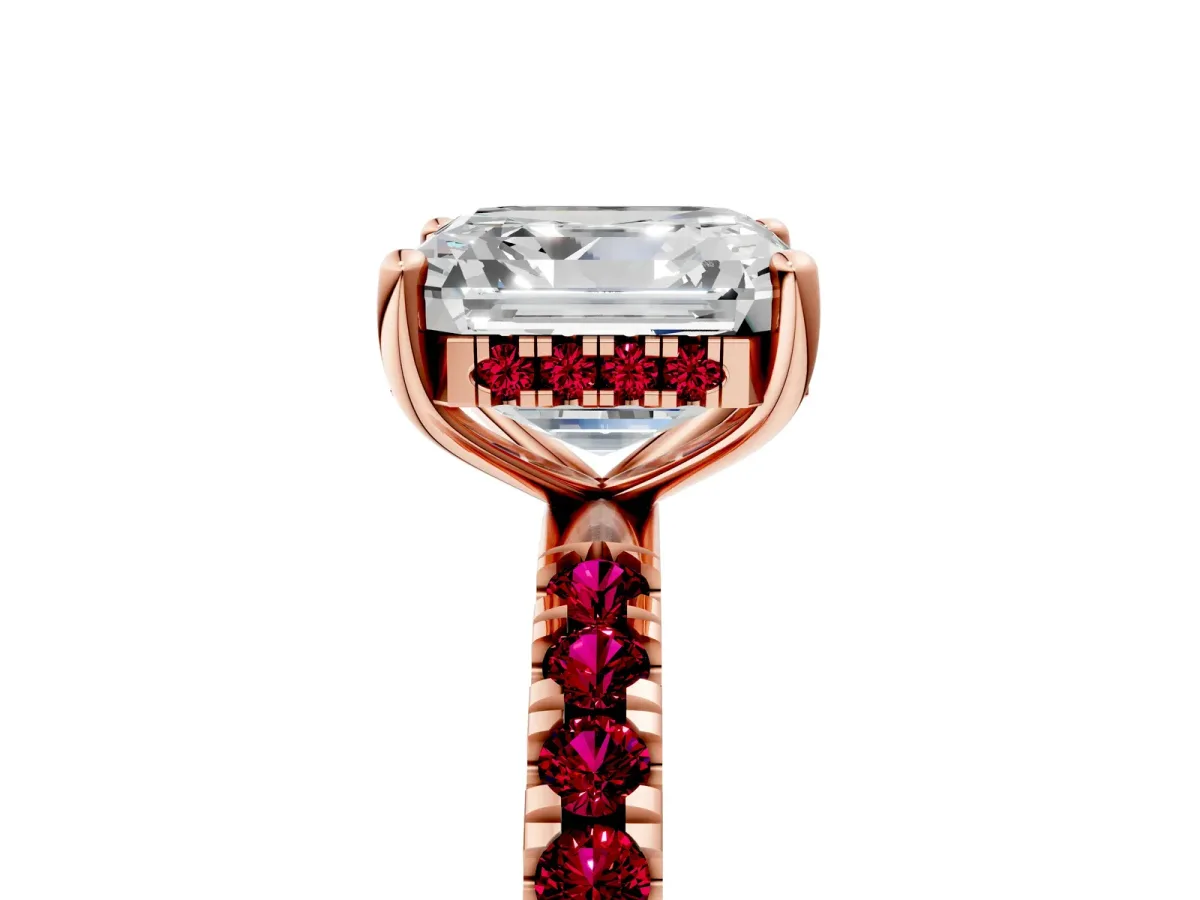 Asscher Cut Diamond Pave Band Solitaire Ring with Round Garnet and Prong Setting Rose gold