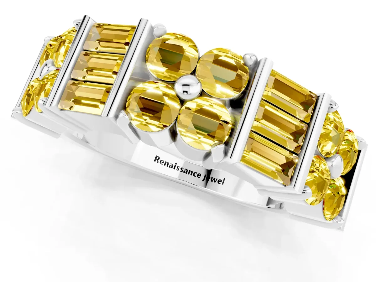 Channel Set Round and Baguette Yellow Sapphire Anniversary Band with Prong Setting Silver