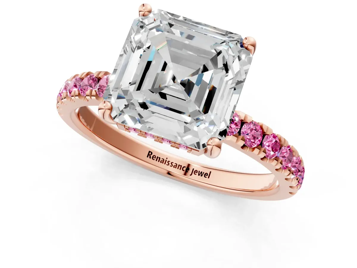 Asscher Cut Diamond Pave Band Solitaire Ring with Round Pink Sapphire and Prong Setting Rose gold