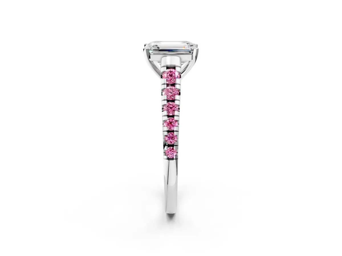 Emerald Cut Diamond Cathedral Solitaire Ring with Round Pink Sapphire Pavé Band Platinum