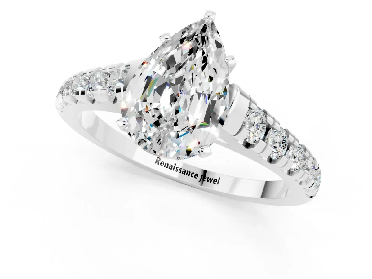 Pear Cut Moissanite Cathedral Solitaire Ring with Round Pavé Band Platinum