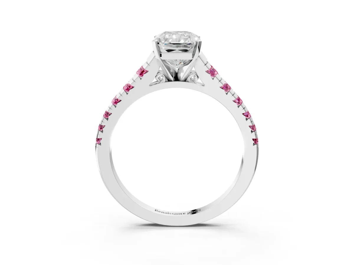 Radiant Cut Diamond Cathedral Solitaire Ring with Round Pink Sapphire Pavé Band Silver