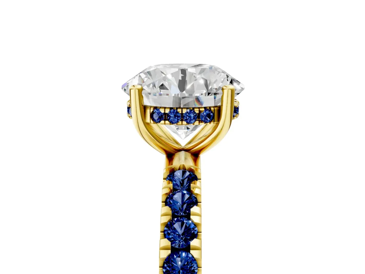 Round Cut Diamond Pave Band Solitaire Ring with Round Blue Sapphire and Prong Setting Yellow gold