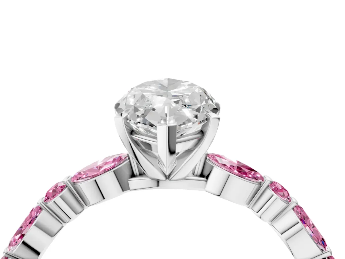 Marquise Cut Diamond Ring with Marquise and Round Pink Sapphire Side Stones and Four-Prong Setting Silver