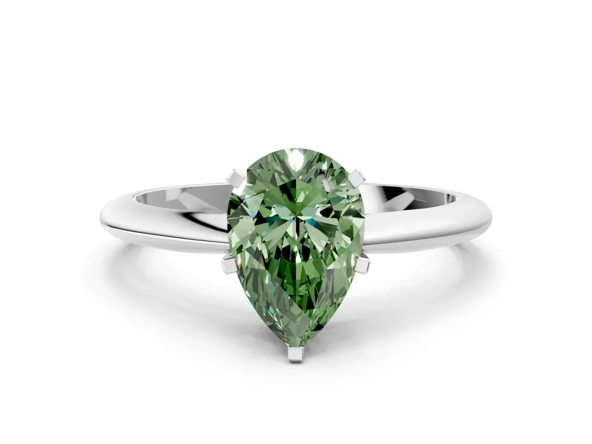 Fancy Green Pear Cut Diamond Solitaire Engagement Ring with Classic Band and Four-Prong Setting Silver