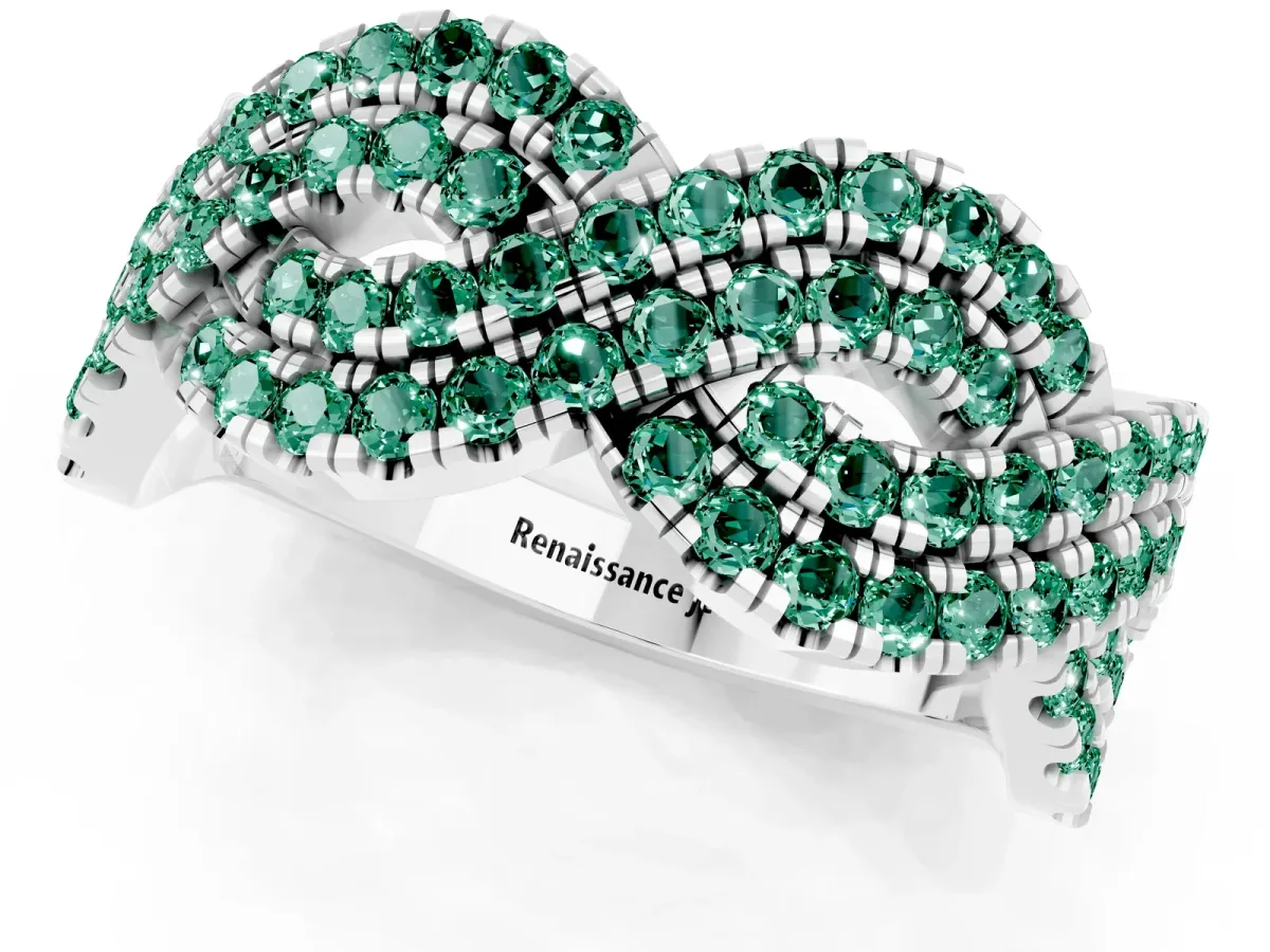 Pavé Round Green Sapphire Infinity Twist Band with Shared Prong Setting Silver