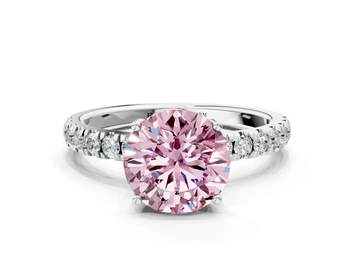 Fancy Pink Round Cut Diamond Pave Band Solitaire Ring with Round and Prong Setting Platinum