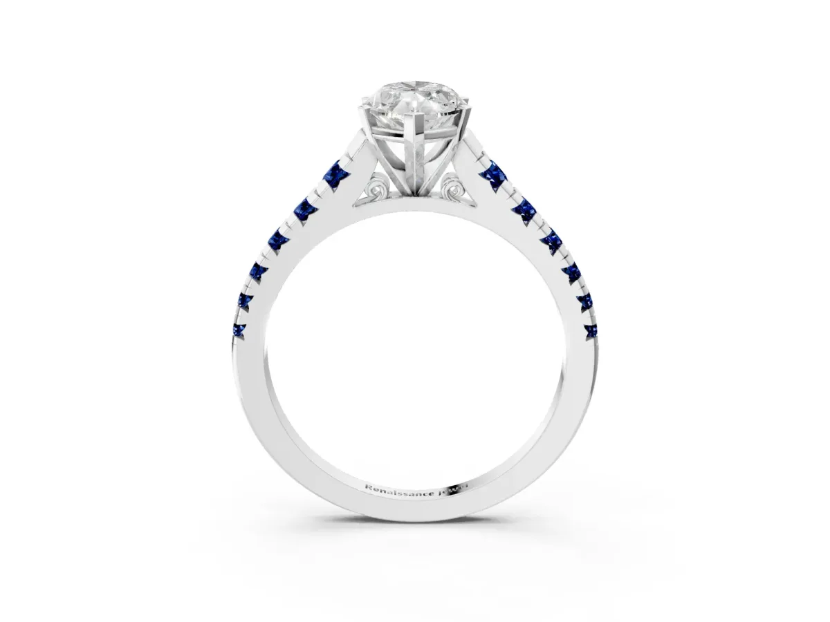 Marquise Cut Diamond Cathedral Solitaire Ring with Round Blue Sapphire Pavé Band Platinum