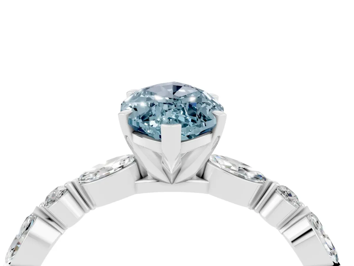 Marquise Cut Aquamarine Ring with Marquise and Round Side Stones and Four-Prong Setting Platinum
