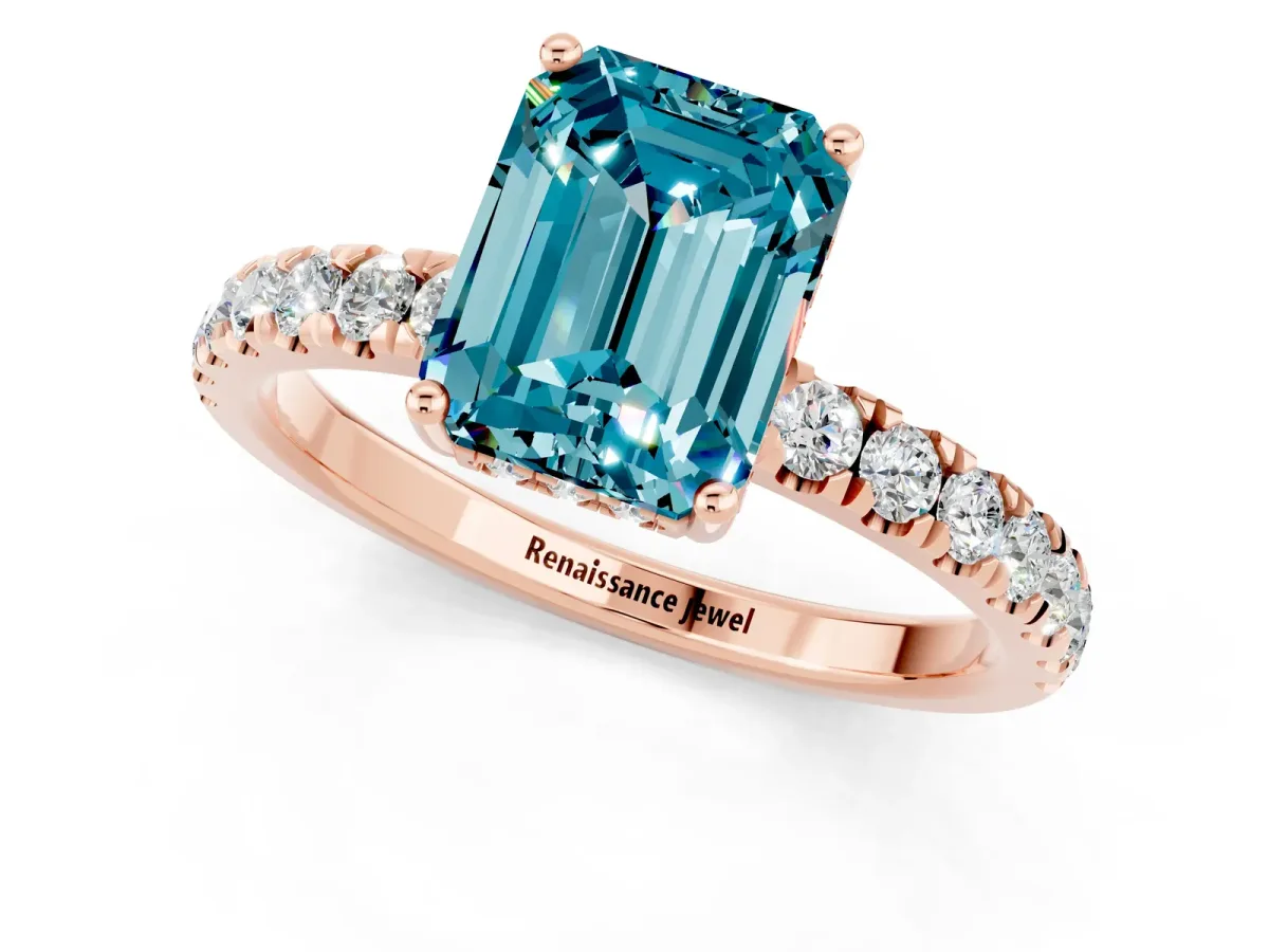 Emerald Cut Blue Topaz Pave Band Solitaire Ring with Round and Prong Setting Rose gold
