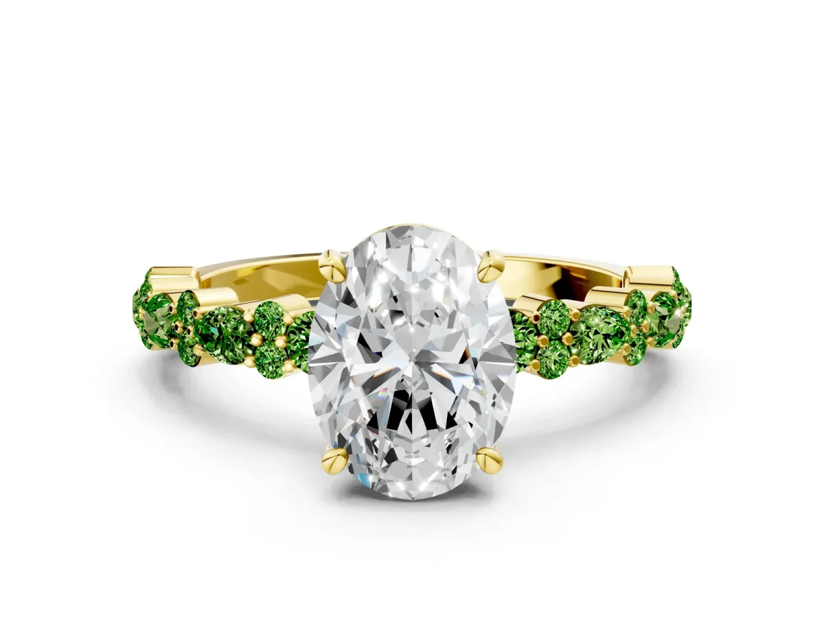 Oval Cut Diamond Side Stone Solitaire Ring with Round Peridot and Four-Prong Setting Yellow gold