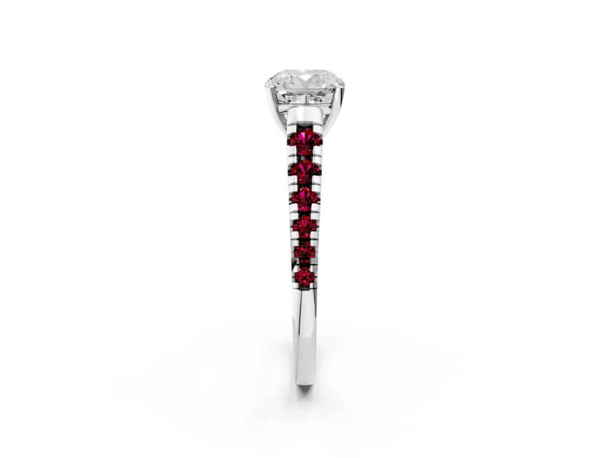 Cushion Cut Diamond Cathedral Solitaire Ring with Round Garnet Pavé Band Platinum