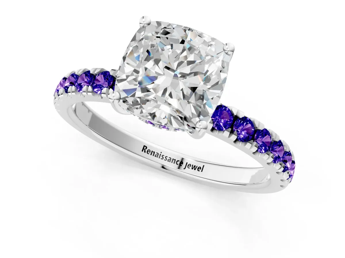 Cushion Cut Diamond Pave Band Solitaire Ring with Round Tanzanite and Prong Setting Platinum