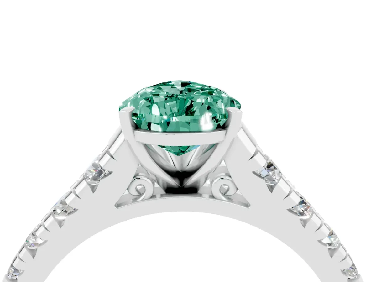 Pear Cut Green Sapphire Cathedral Solitaire Ring with Round Pavé Band Silver