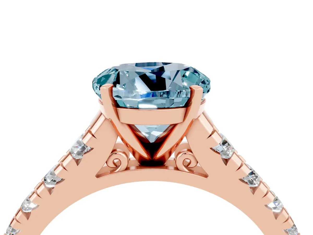 Round Cut Aquamarine Cathedral Solitaire Ring with Round Pavé Band Rose gold