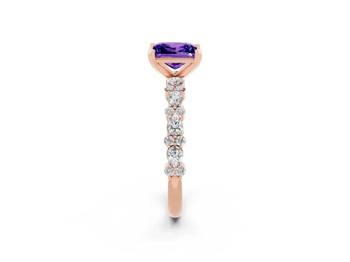Princess Cut Tanzanite Side Stone Solitaire Ring with Round and Four-Prong Setting Rose gold