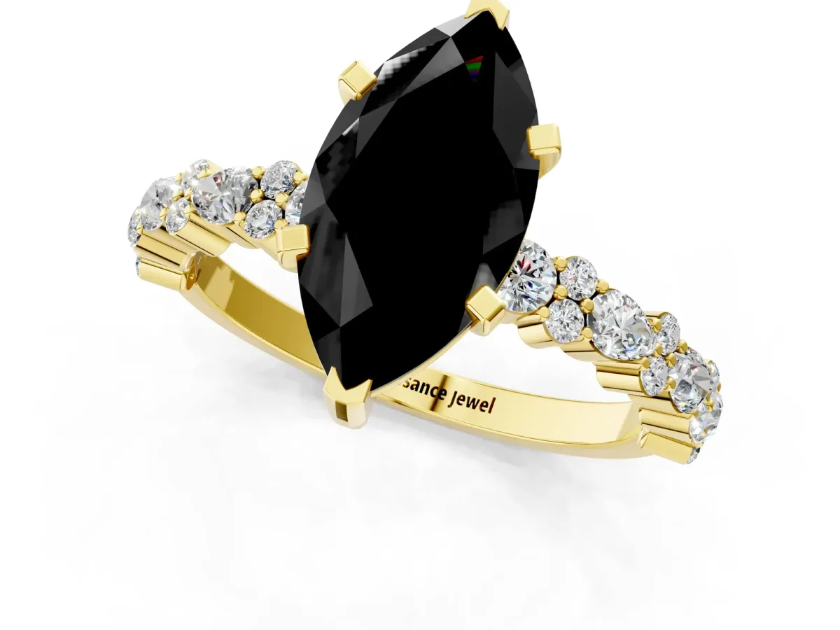Fancy Black Marquise Cut Diamond Side Stone Solitaire Ring with Round and Four-Prong Setting Yellow gold