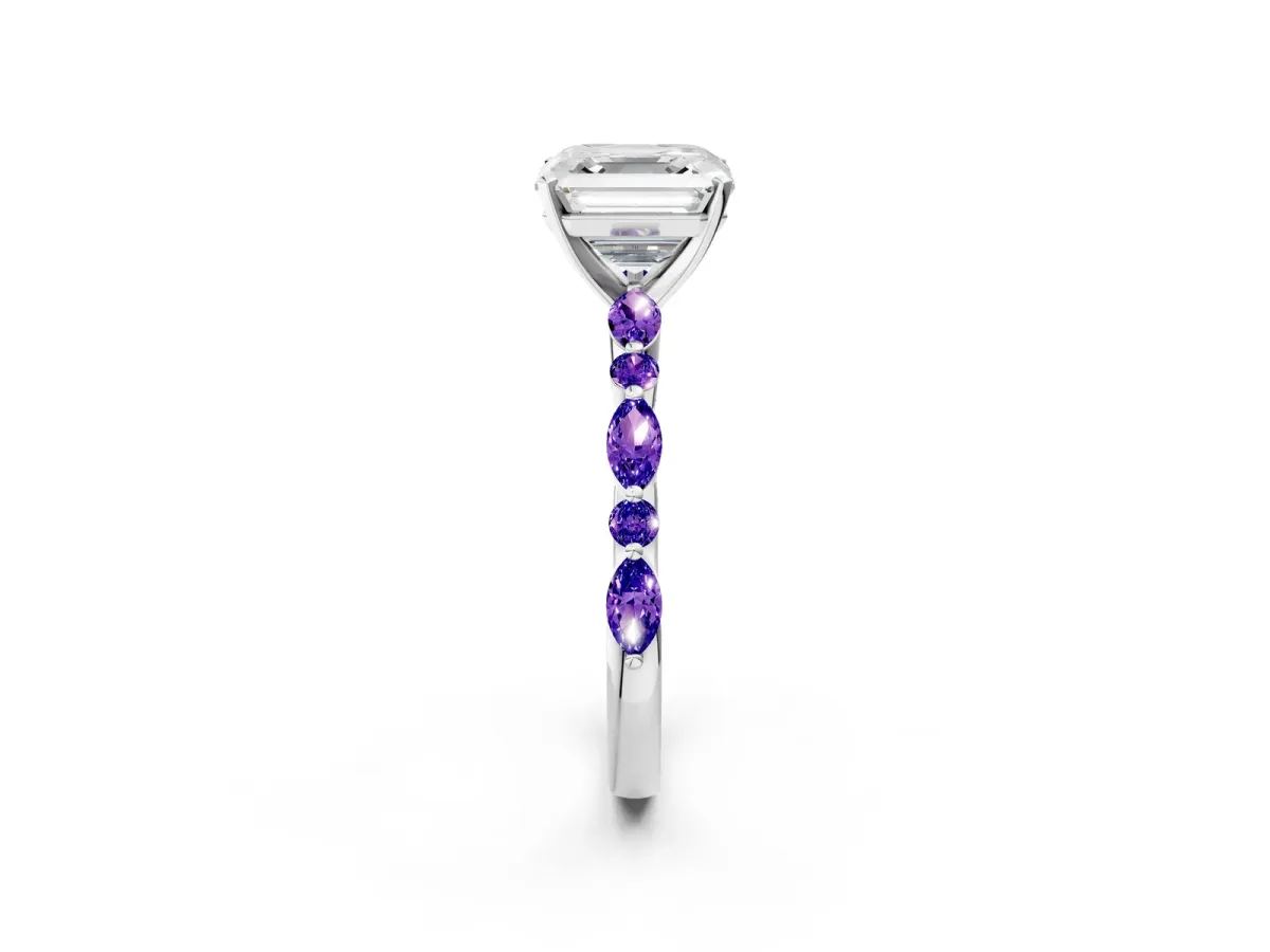 Asscher Cut Diamond Ring with Marquise and Round Tanzanite Side Stones and Four-Prong Setting Silver
