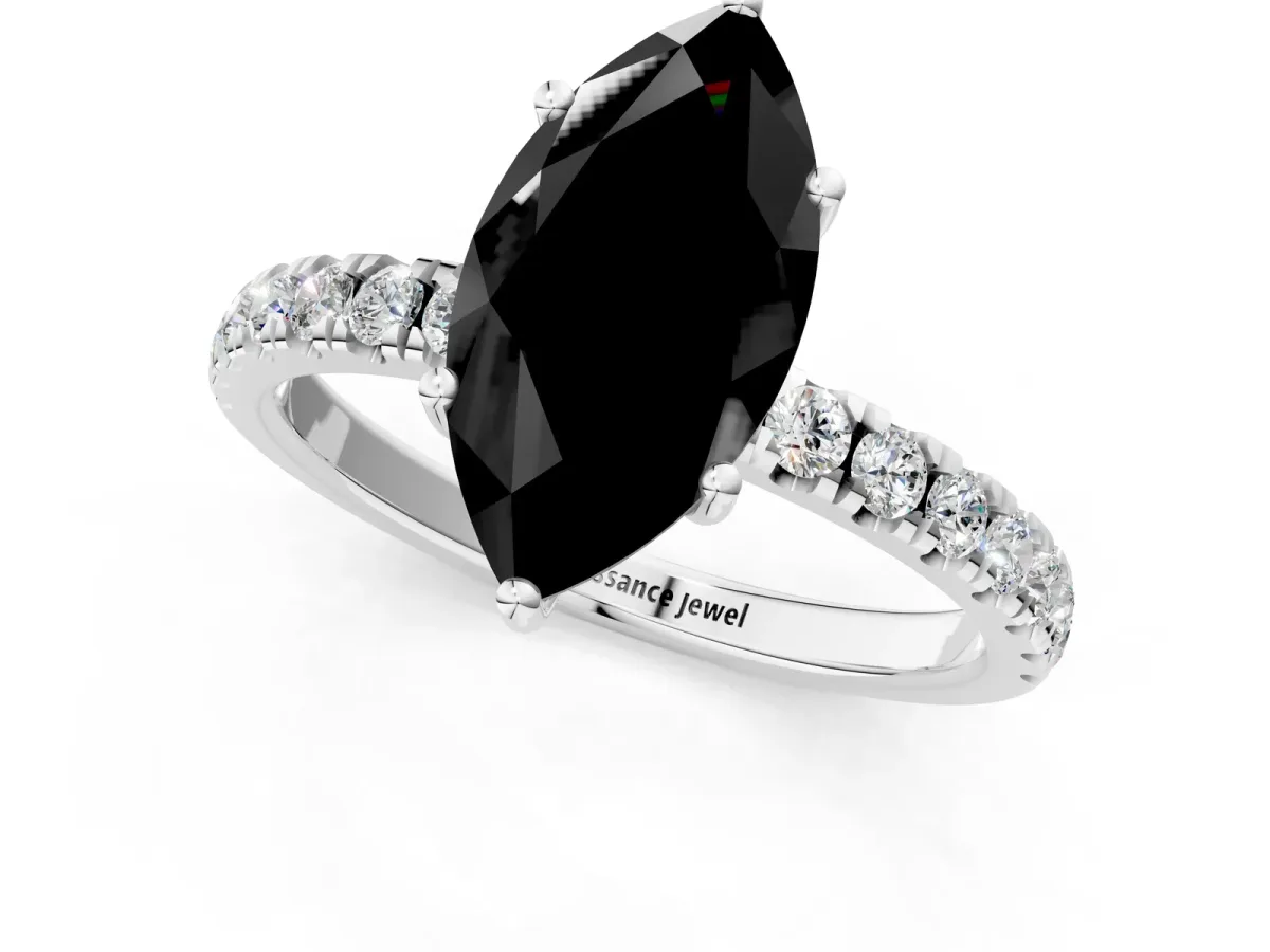 Fancy Black Marquise Cut Diamond Pave Band Solitaire Ring with Round and Prong Setting Silver