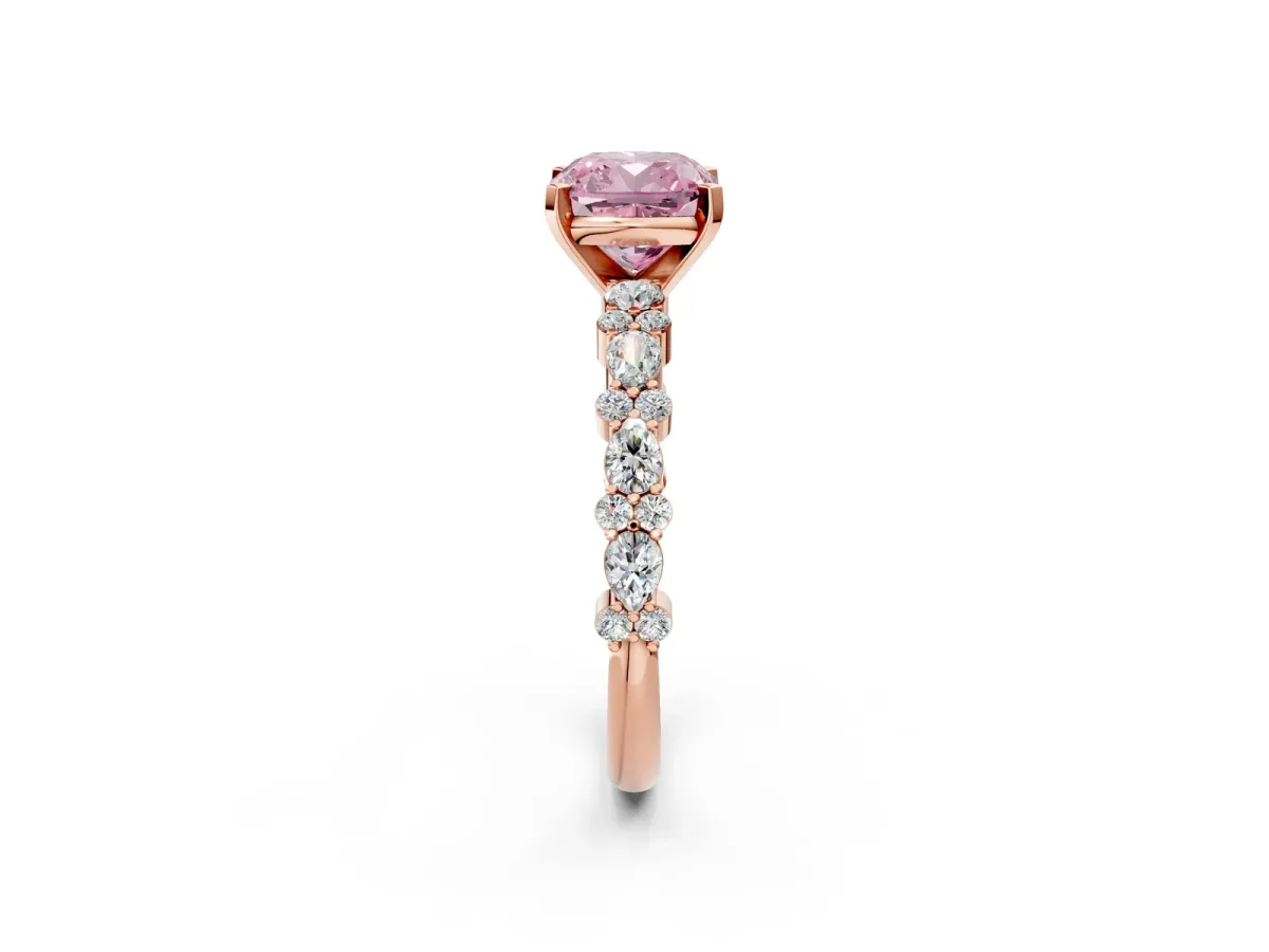 Fancy Pink Cushion Cut Diamond Side Stone Solitaire Ring with Round and Four-Prong Setting Rose gold