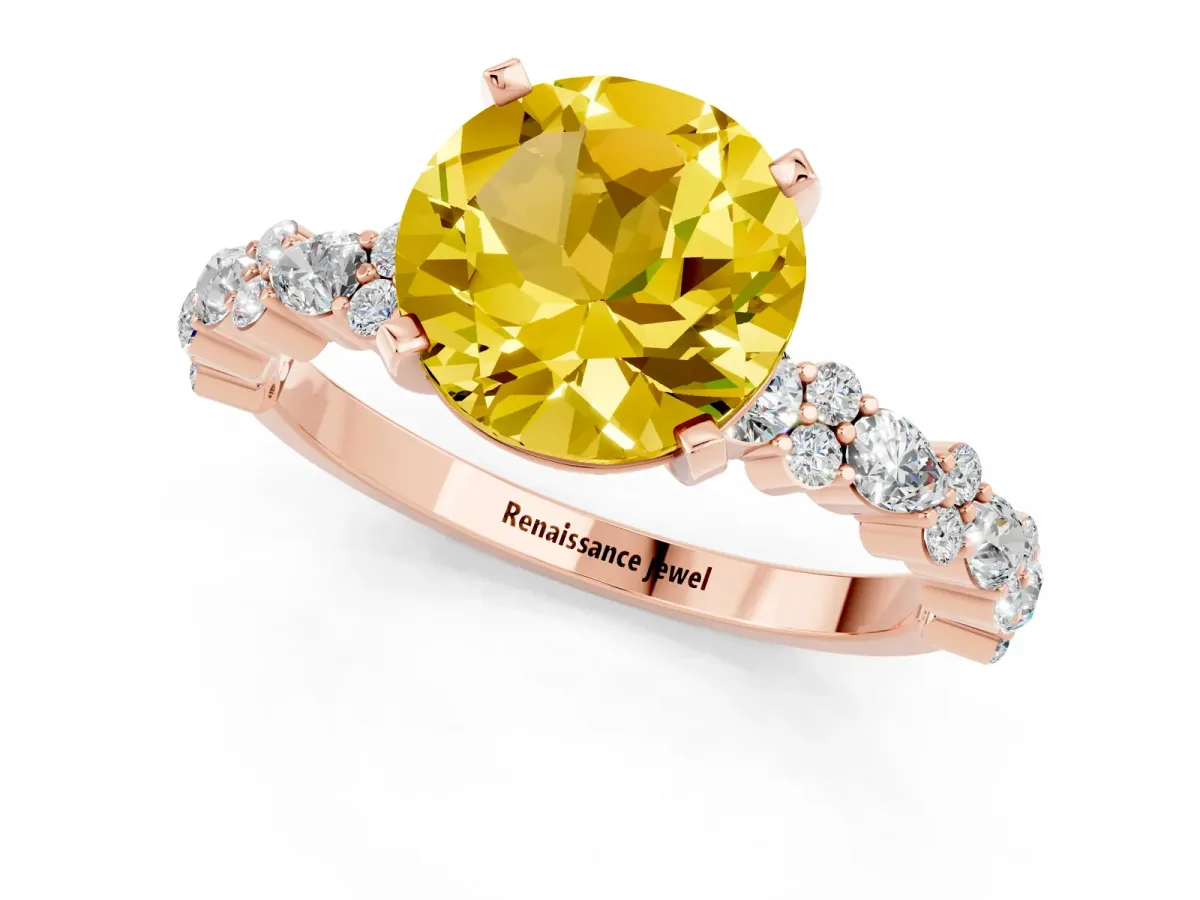 Round Cut Yellow Sapphire Side Stone Solitaire Ring with Round and Four-Prong Setting Rose gold