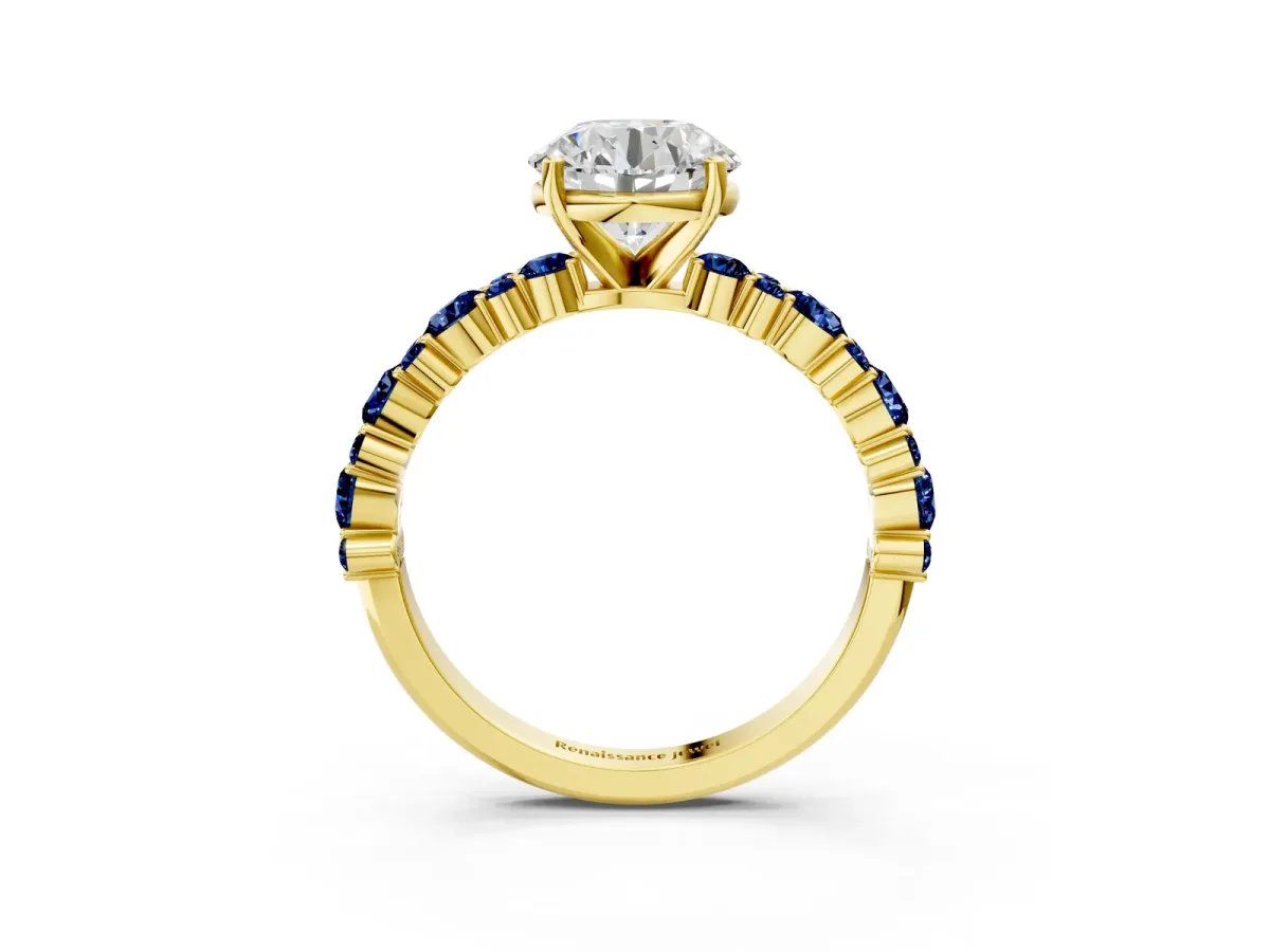 Round Cut Diamond Side Stone Solitaire Ring with Round Blue Sapphire and Four-Prong Setting Yellow gold