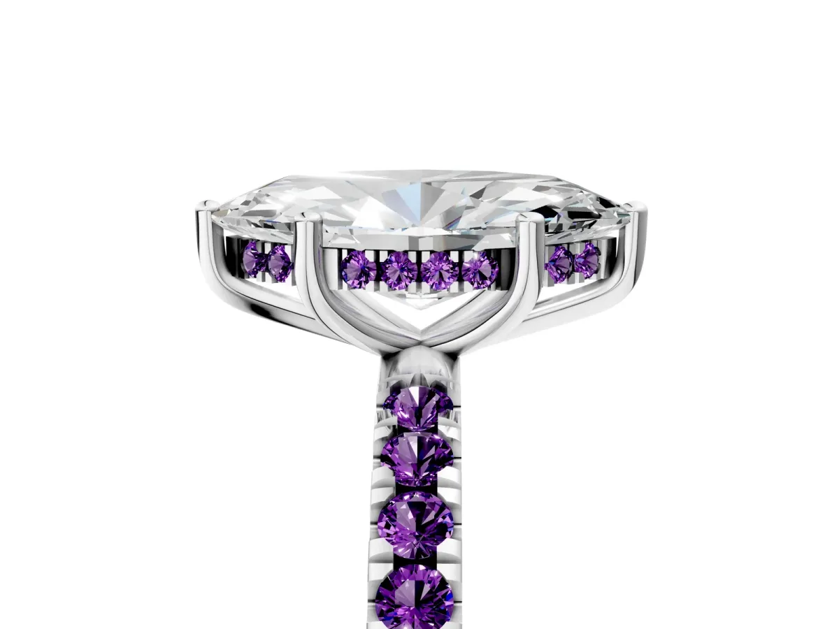 Marquise Cut Diamond Pave Band Solitaire Ring with Round Amethyst and Prong Setting Platinum