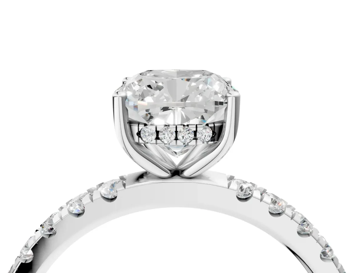 Cushion Cut Diamond Pave Band Solitaire Ring with Round Moissanite and Prong Setting Platinum