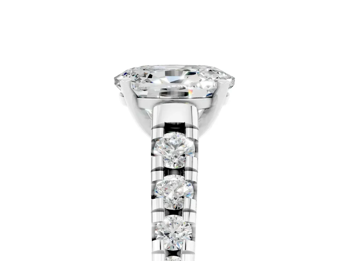 Oval Cut Moissanite Cathedral Solitaire Ring with Round Pavé Band Platinum