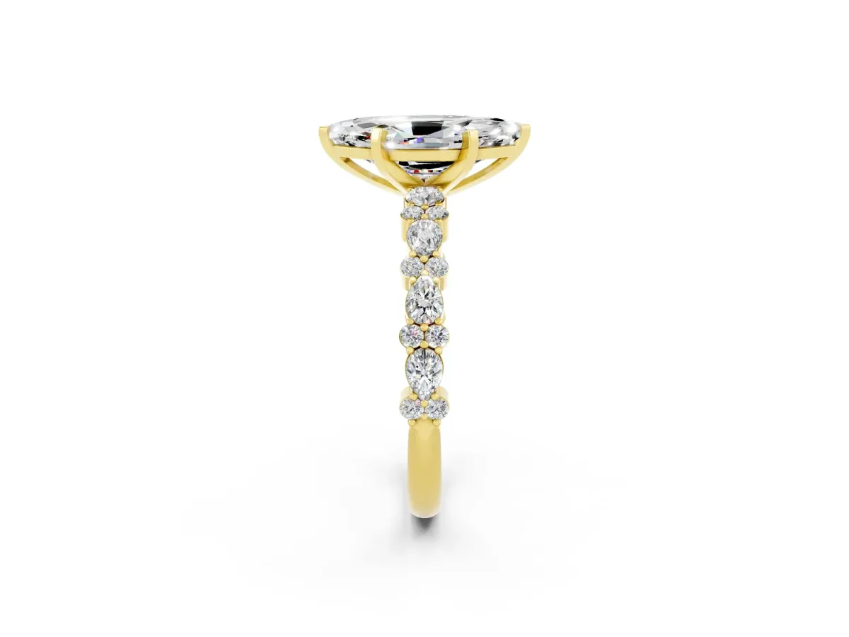 Marquise Cut Moissanite Side Stone Solitaire Ring with Round and Four-Prong Setting Yellow gold