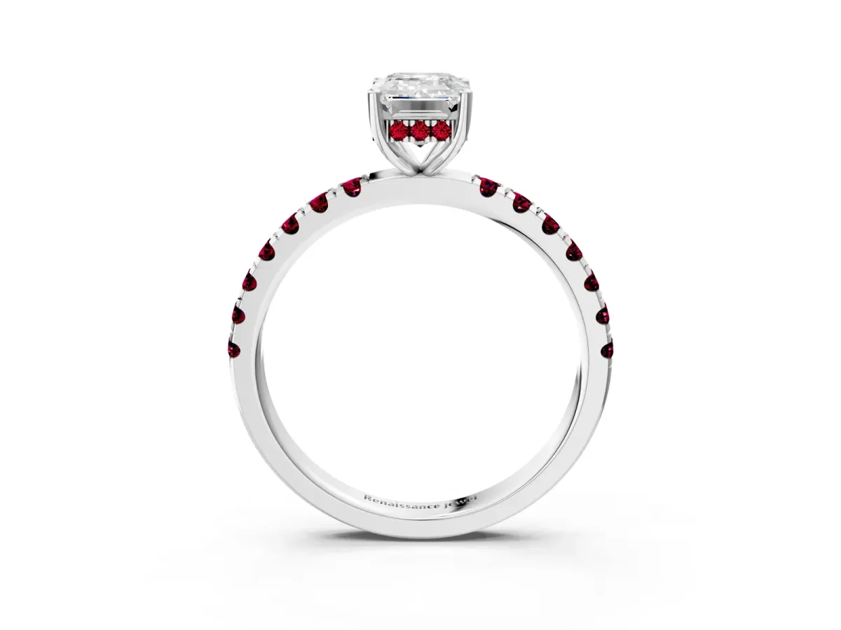 Emerald Cut Diamond Pave Band Solitaire Ring with Round Garnet and Prong Setting White gold