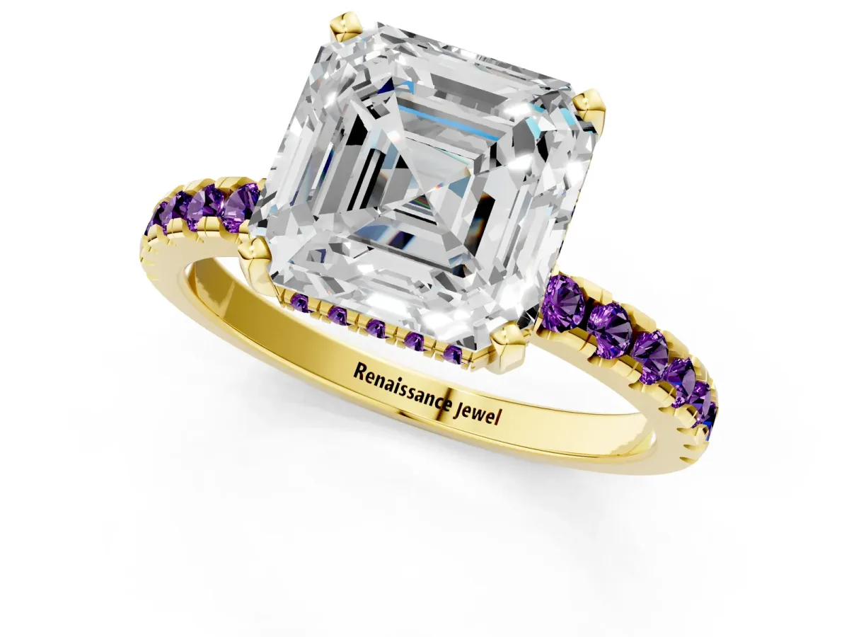 Asscher Cut Diamond Solitaire Ring with Round Amethyst Pavé Band and Four-Prong Setting Yellow gold