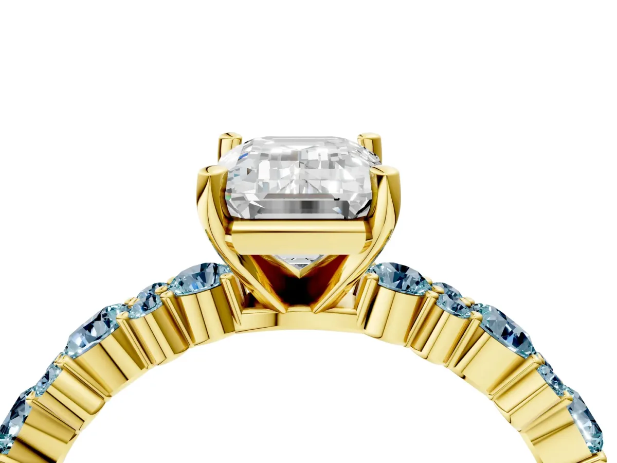 Emerald Cut Diamond Side Stone Solitaire Ring with Round Aquamarine and Four-Prong Setting Yellow gold