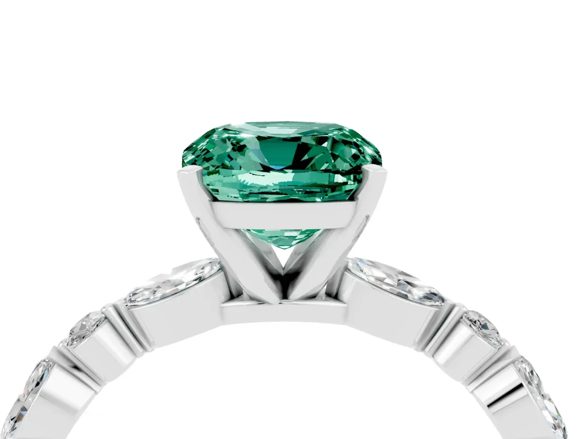 Cushion Cut Green Sapphire Ring with Marquise and Round Side Stones and Four-Prong Setting Silver