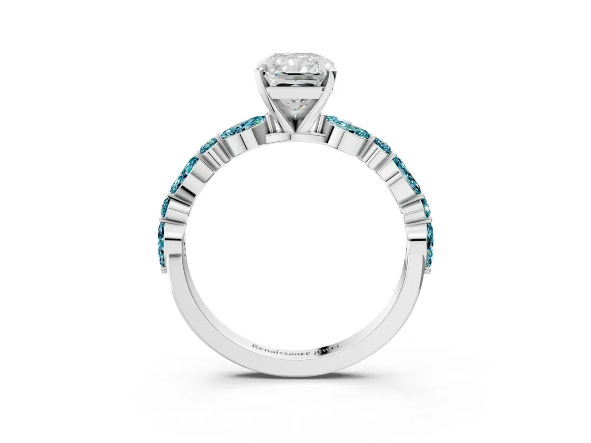 Radiant Cut Diamond Ring with Marquise and Round Blue Topaz Side Stones and Four-Prong Setting Platinum