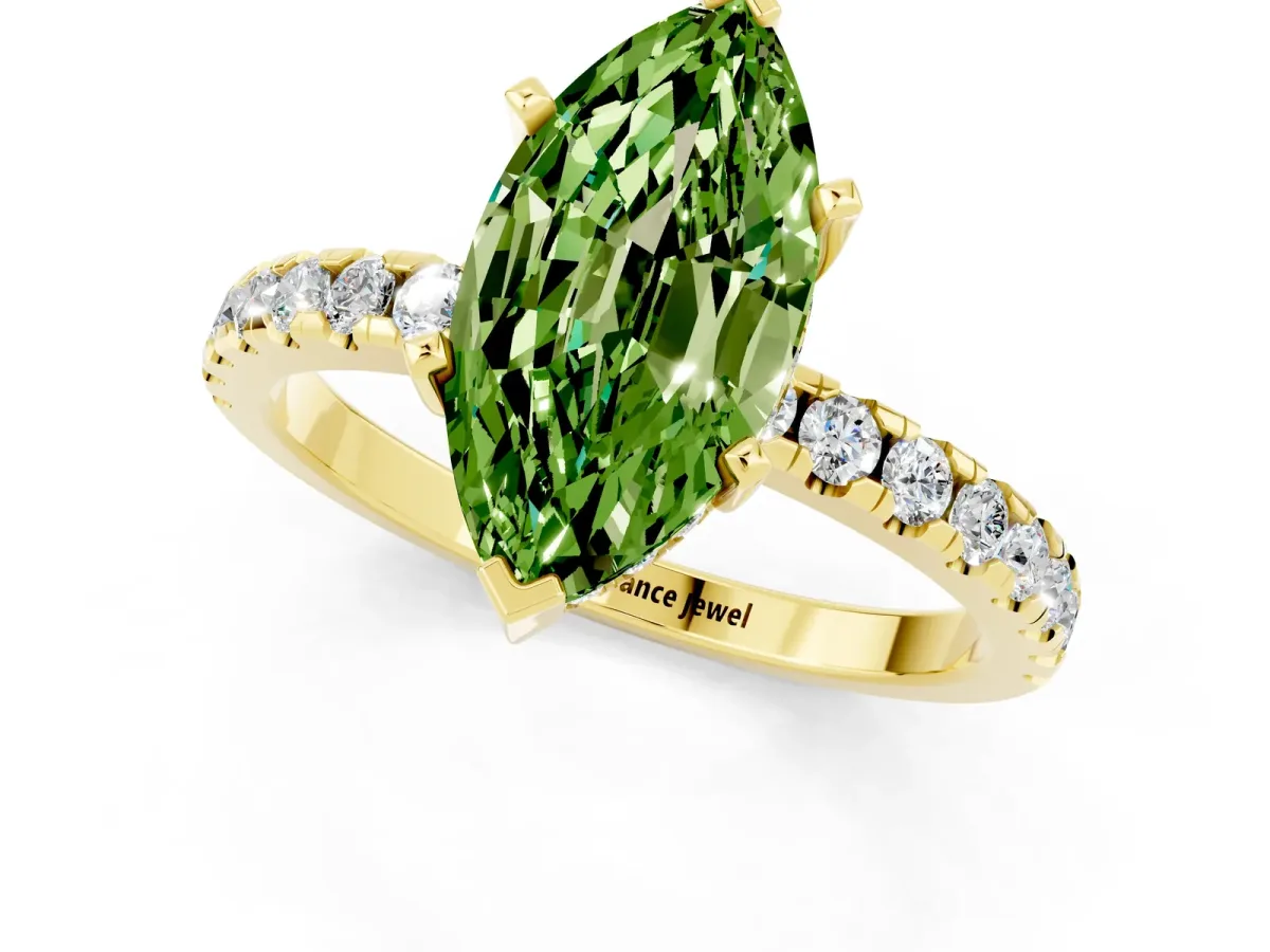 Marquise Cut Peridot Solitaire Ring with Round Pavé Band and Four-Prong Setting Yellow gold