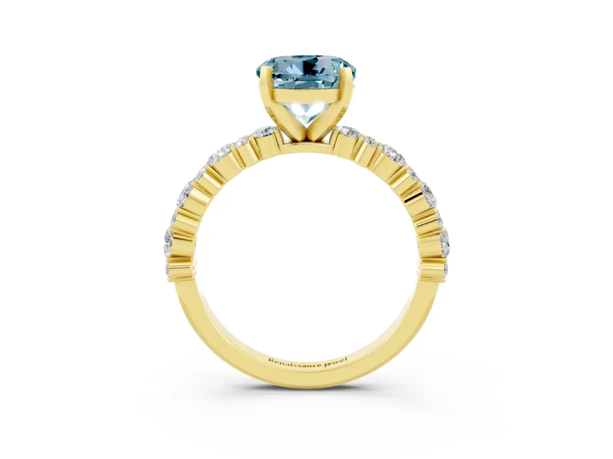 Round Cut Aquamarine Side Stone Solitaire Ring with Round and Four-Prong Setting Yellow gold