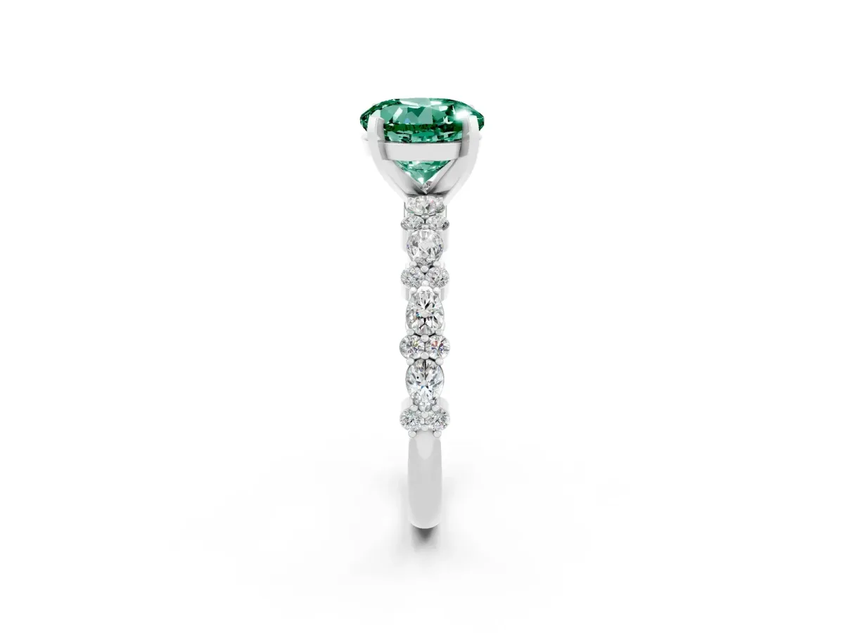 Round Cut Green Sapphire Side Stone Solitaire Ring with Round and Four-Prong Setting White gold