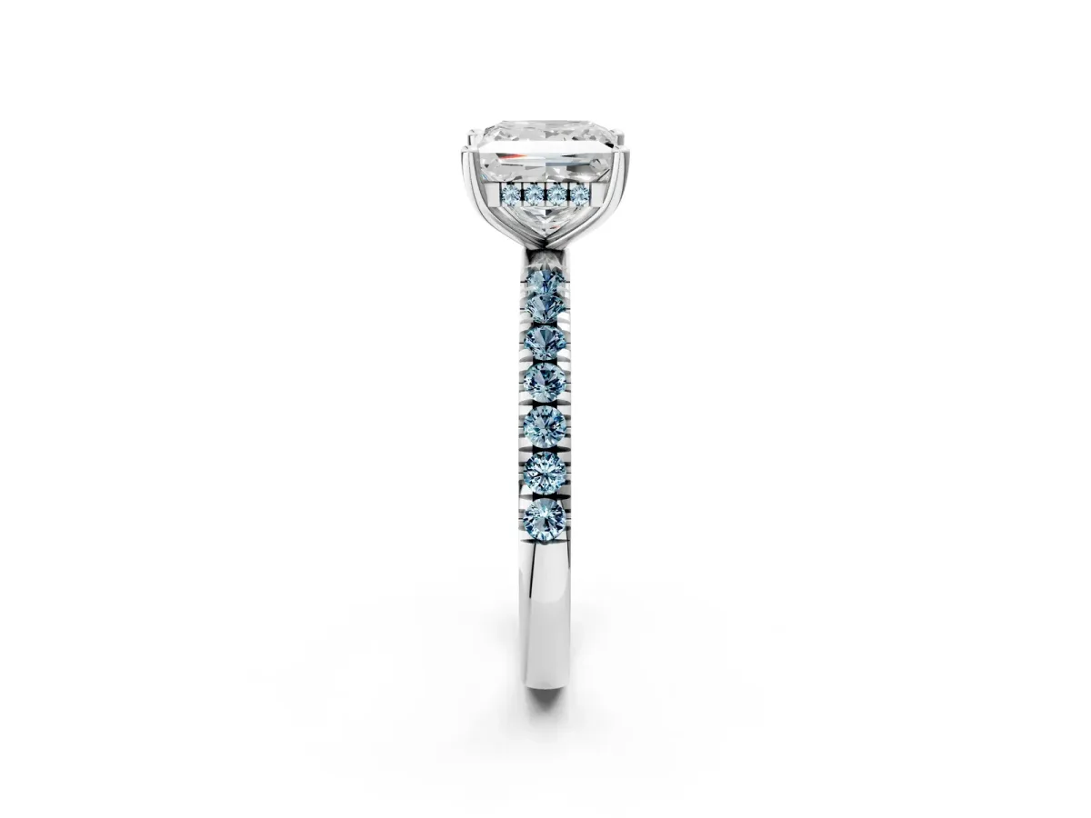 Princess Cut Diamond Pave Band Solitaire Ring with Round Aquamarine and Prong Setting Silver