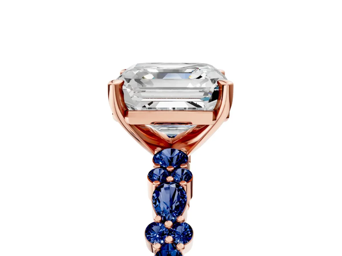 Asscher Cut Diamond Side Stone Solitaire Ring with Round Blue Sapphire and Four-Prong Setting Rose gold