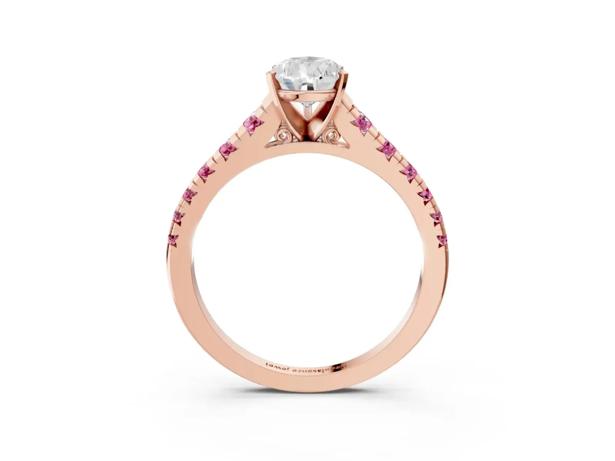Pear Cut Diamond Cathedral Solitaire Ring with Round Pink Sapphire Pavé Band Rose gold