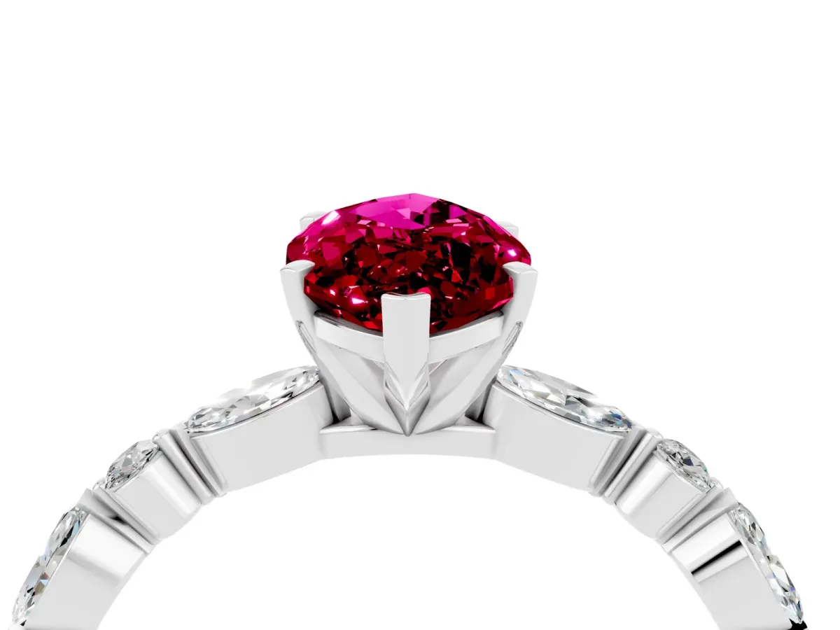 Marquise Cut Garnet Ring with Marquise and Round Side Stones and Four-Prong Setting Silver