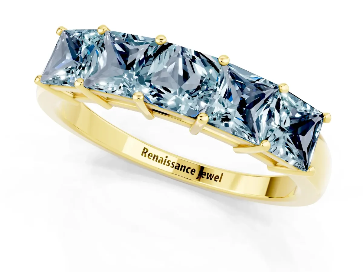 Princess Cut Five-Stone Aquamarine Band with Prong Setting Yellow gold