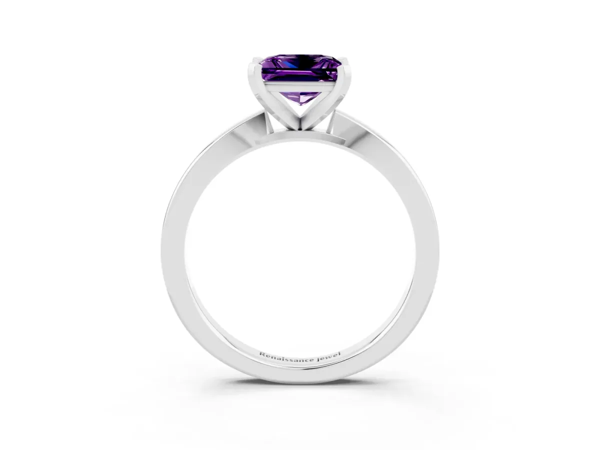 Princess Cut Amethyst Solitaire Engagement Ring with Classic Band and Four-Prong Setting Platinum