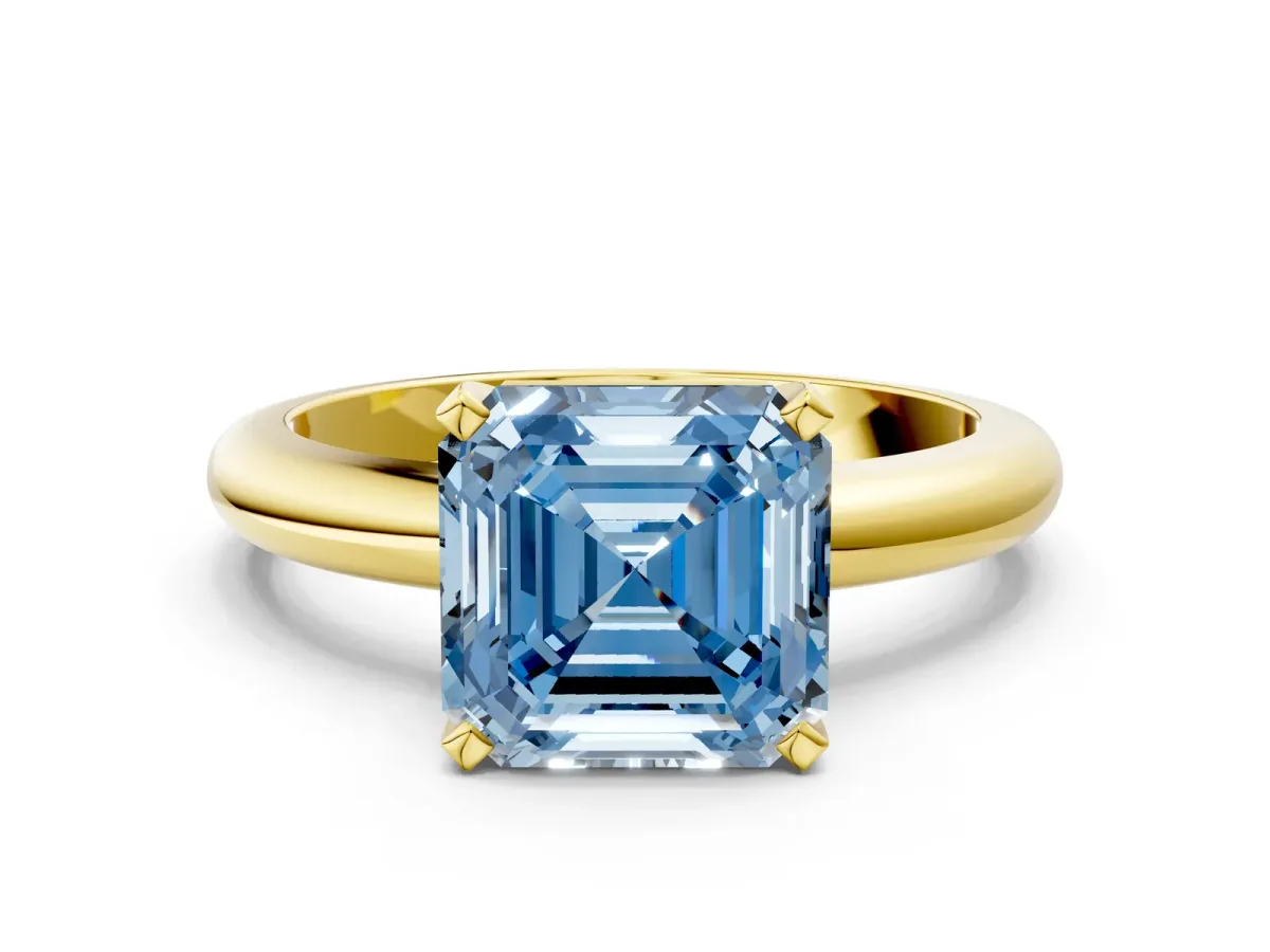 Fancy Blue Asscher Cut Diamond Solitaire Engagement Ring with Round Band and Four-Prong Setting Yellow gold