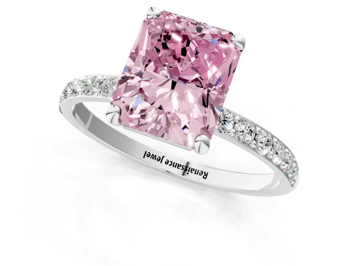 Fancy Pink Radiant Cut Diamond Solitaire Ring with Round Pavé Band and Prong Setting Silver