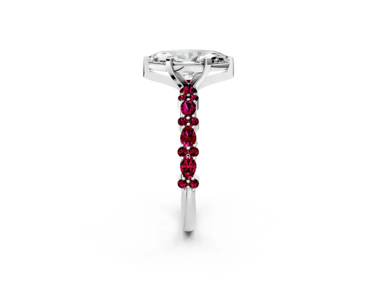 Marquise Cut Diamond Side Stone Solitaire Ring with Round Garnet and Four-Prong Setting Platinum