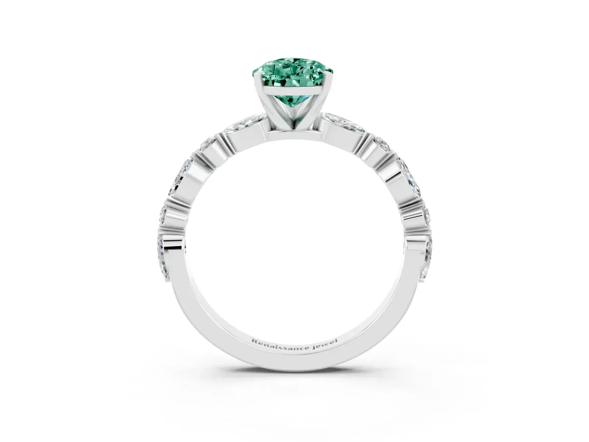 Pear Cut Green Sapphire Ring with Marquise and Round Side Stones and Four-Prong Setting Platinum