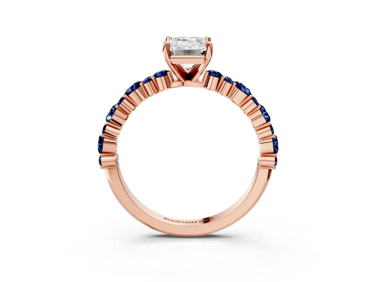 Emerald Cut Diamond Side Stone Solitaire Ring with Round Blue Sapphire and Four-Prong Setting Rose gold