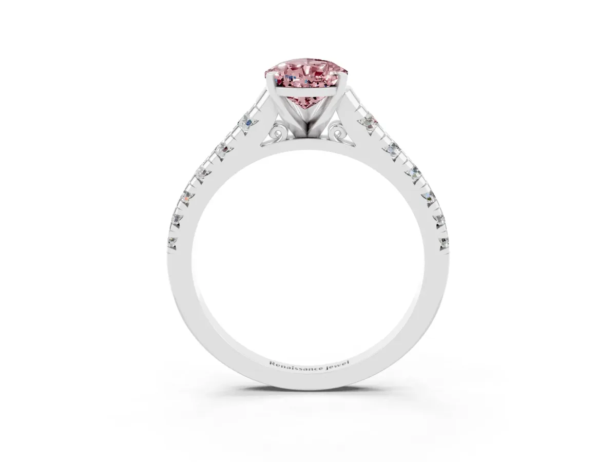 Pear Cut Morganite Cathedral Solitaire Ring with Round Pavé Band White gold